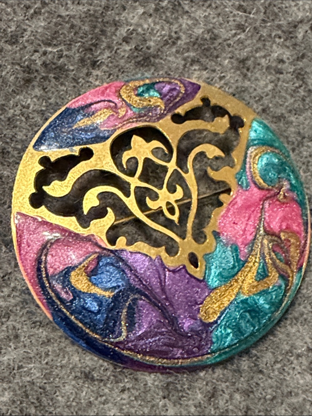 Multicolor Enamel open Filigree Brooch Gold Accent 80’s purple teal pink blue